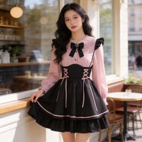 Jirai Kei 2 PCS Lolita Dress Set Pink Black Bow Ruffle Blouse Lace-up Skirt Japanese Japanese Harajuku Sweet Outfits for Women