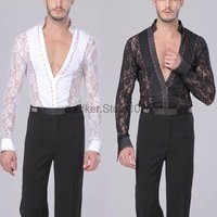 New Men's Latin Dance Costume Black White Hollow Lace Leotard Bodysuit Cha-Cha Tango Rumba Dance Performance Shirt For Male