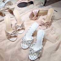 Satin Butterfly-knot Summer Women Slippers Fashion Polka Dot Party Dress Slides Ladies Elegant High Heels Striptease Shoes