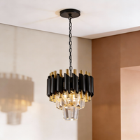 Modern Black Gold Mini Crystal Chandelier, Height-Adjustable 2-Tier Raindrop Chandelier - Kitchen Island/Dining Room/Hallway