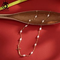 ORSA JEWELS Rerto 925 Sterling Silver Cross Choker Necklace with Natural Pearls for Women Party Banquet Cross Jewelry GPN106
