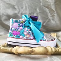 Shell Simulation DIY Bling Handmade Shoes Canvas Ocean Theme Kids High Top Pearls Sneakers For Girl Birthday Party Dollbling