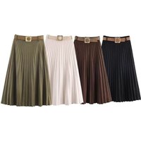Autumn Solid Color Suede Effect Pleated Midi Skirt Women Belt Decoration Versatile Skirts Female Casual Elegant Wear 2025 New