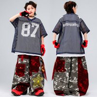 Children Boys Girls Streetwear Jazz Hip Hop mesh Short Sleeve T-shirt Wide Leg Denim Pant Jeans Sets Kids T Shirt Trousers