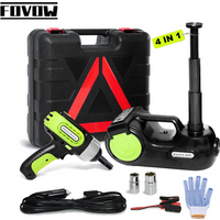 FOVOW 12V Electric Car Jack 5 Ton 4 in 1 Electric Hydraulic Jack 155-450/530mm With Impact Wrench Compressor LED Light