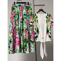 Retro 2026 summer women's new two-piece round neck irregular hem lace-up T-shirt elastic waist big skirt casual women's suit