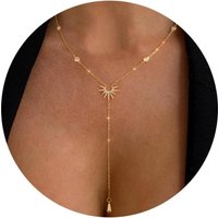 Lariat Gold Necklace for Women 14K Gold Plated Layered CZ Y-Shaped Pendant Drop Dangle Necklaces for Mom Teen Girls Jewelry Gift