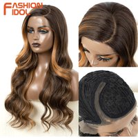 FASHION IDOL 26inch Deep Wave C Part Lace Front Wigs Synthetic Ombre Blonde Highlight Glueless Body Wave Cosplay Wigs For Women