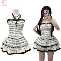 Punk Rock Strapless Music Note Print Women Summer Mini Dress Lace Layered Ruffle Cake Piano Keys Dress Y2k Party Female Clothes
