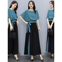 Elegant Mom Summer Casual High Waist Wide Leg Pants Two Piece Set Color Block Skirt Pants Women's Fashion plus Size Outfits