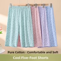 Ladies High Waist Loose Fit Cotton Knitted Short Pants Home Leisure Pants Five-Quarter Length Comfortable Sleepwear for Elderly