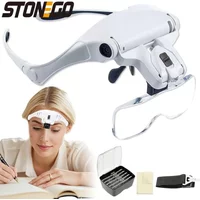 Head Mounted Magnifier with LED Light 5 Interchangeable Lenses 10X to 35X Adjustable Headband for Comfort
