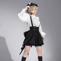 Japanese Gothic Y2k 2 Piece Set Women Sweet White Bow Shirts Trailing Black Strap Skirt Mini Pants Casual Vintage Princess Suit