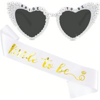 2Pcs Set Bride Decorate Glasses and Sash Bride to Be Gift Pearl White Heart Glasses Bridal Glasses Party Bridal Shower Favors