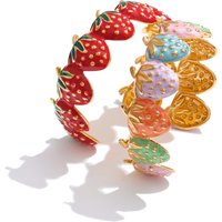 Yhpup Red & Colorful Enamel Strawberry Sweet Open Cuff Bracelet Bangle Hot Style Stainless Steel Golden Wrist Fruit Jewelry