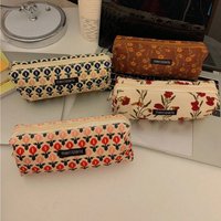 1pcs Vintage Flower Grid Corduroy Pencil Bag Artistic Style Pen Case Unique Stationery Storage Pouch F7866