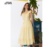ELFSACK Women's Yellow Square Neck Ruffle Sleeve Maxi Dress, Tiered Ruffle A-Line Long Dress, Casual Sweet Summer Dress