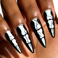 24Pcs ABS Press On Nails Long Stiletto Black White Skeleton Crack Fake Nails Halloween Reusable False Nails for Women