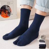 5 Pairs Winter Two Toed Tabi Socks Men's Thicken Warm Solid Color Flip Flops Sock 2 Fingers Casual Mid-tube Cotton Thermal Socks