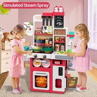 63 PCS Children Play Kitchen Set Sound Light, Cooking Stove Steam Play Sink Play Food Toy Kitchen