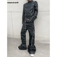 Mauroicardi Autumn Extra Long Matte Black Pu Leather Wide Leg Pants for Men with Many Zippers Techwear Clothes Menswear 2026