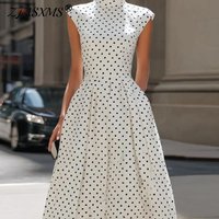 Spring Stand Collar High Waist Maxi Dress Woman Chic Polka Dot Print A-Line Hem Long Dresses Summer Sleeveless Pocket Boho Dress