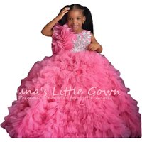Hot Pink Tulle Flower Girl Dress With 3D Ruffle Shoulder & Lace Applique Kids Birthday & Photoshoot Pageant Ball Gown Customized