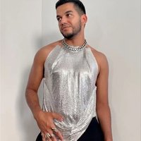 European & American Style Silver Sequined Men's Vest Nightclub Sexy Cutout Backless Halter Neck Party Metal Men's Top