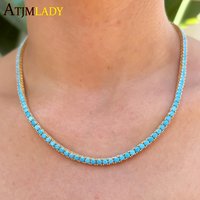 2025 New High Quality Gold Color Plated 3MM Turquoise Stone Paved Tennis Chain Necklace For Women Girls Fashion Jewelry Choker