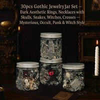 Jollyhit Light Gothic Witch Mystery Jewelry Jar Set - 30pcs Dark Aesthetic Rings Necklaces Earrings for Christmas Costume