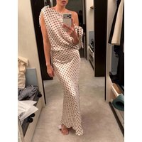 Ladies Polka Dot Print Satin Robe Diagonal Collar Sleeveless High Waist Elegant 100% Silk Maxi Dress