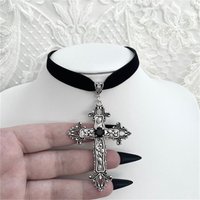 Gothic Sliver Color Relief Pattern Rhinestone Cross Pendant Red Black Velvet Choker Necklace for Women Hallowmas Jewelry Gifts