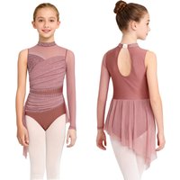 Kids Girls Lyrical Dance Dress Rhinestones Ballet Artistic Figure Skating Performance Costume Ruched Mesh Skirted Leotard Dress