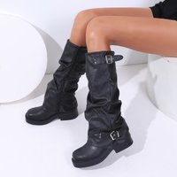 Black Punk-Style Belt Buckle Mid-Calf Boots for Women, Thick-Soled Chunky Heel Bootcut Boots, Pu Leather Pleated Boots, Street Style Cool Retro Slimming Riding Boots image 3