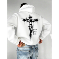 A men's hoodie with the words "Christian faith Overcomes fear" printed on it features a cross-shaped design on the back