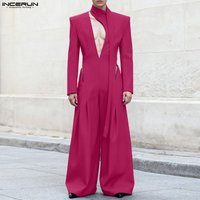 INCERUN Men Jumpsuits Solid Color V Neck Long Sleeve Hollow Out Rompers Men Streetwear Elegant Fashion Casual Overalls With Belt