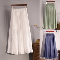 Vintage Solid Pleated Long Skirts Cotton Linen Maxi Skirt for Women Summer Elastic Waist Girls Boho Beach Skirt A-Line Skirt
