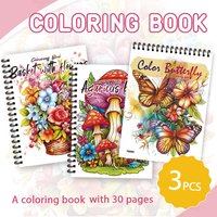 3pcs Women Coloring Book Set, Butterfly Mushroom Flower Patterns, 30 Pages Spiral Bound, Stress Relief Relaxation Gift Choice