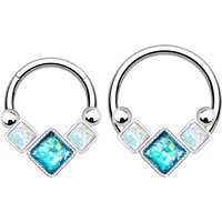 2-Piece 16g Square Opal Diaphragm Nose Ring 316l Surgical Steel Hinge Nose Ring Cartilage Earring Spiral Piercing Jewelry