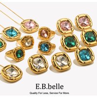 E.B.belle Round Square Flower Zircon Earrings Necklace Ring Tarnish Free Stainless Steel Women's Ring 18K Gold Plated Jewelry