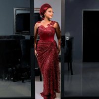 Aso Ebi Burgundy Sheath Prom Dresses Lace Sequined Sheer Neck Evening Formal Party Second Birthday Engagement Gowns Plus Size