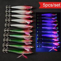5pcs UV Horizontal Squid Jig Egi Set 10.5cm Luminous Wood Shrimp Lure Glow Saltwater Cuttlefish Octopus Bait Fishing Tackle