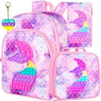 3 Stück Meerjungfrau-Rucksäcke für Mädchen, 40,6 cm große Kinder-Büchertasche und Lunchbox für Grundschule, Kleinkinder, Kindergarten, Vorschule – Ros