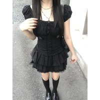 Summer Beautiful College Style Bubble Sleeve Shirt And Cake Short Skirt Two Piece Set Slimming Black Fashion Ensemble for Women