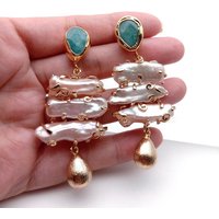 YYGEM Woman Earrings Freshwater 32x31mm Pink Biwa Pearl Green Amazonite Stud Earrings Fashion Jewelry Gift