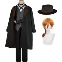 HOLOUN Bungo Anime Nakahara Chuuya Cosplay Costume Wig Oversize Lining Coat Elastic Pants Shirt Vest Hat Gloves Choker Daily