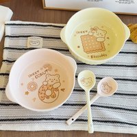 1/2 Set Ceramic Bowl with 2 Handles & Spoon, Large-Capacity Plate/Soup/Salad/Noodle Bowl, Microwave Safe, Kitchen Tableware