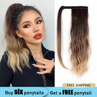 LOUIS FERRE 16 Inches Long Natural Wave Ponytail Extension Hair Wig Ombre Honey Brown Blonde Synthetic Wrap Around Clip Ponytail