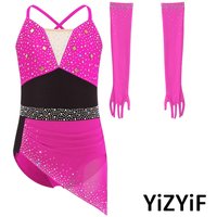 Girls Figure Skating Dance Costume Sparkly Rhinestones Color Block Dress with Mesh Gloves Set for Ballet Jazz Dance Competition