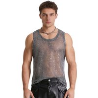 Mens Nightclub Sexy Tank Tops Shiny Sequin Sheer Mesh Vest Sleeveless See-through Tank Top for Music Festival Sexy Performance